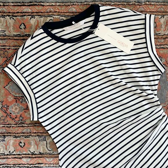 Goelia Navy Stripe Cap Sleeve Crewneck Side Slit Dress NWT - Picture 4 of 11